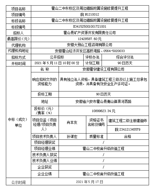 皖N1210012 霍山二中東校區(qū)及周邊道路附屬設施修復提升工程中標結果公示