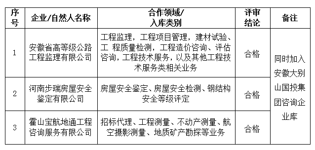 安徽大別山工程咨詢有限公司合作伙伴招募結(jié)果公告(十一)